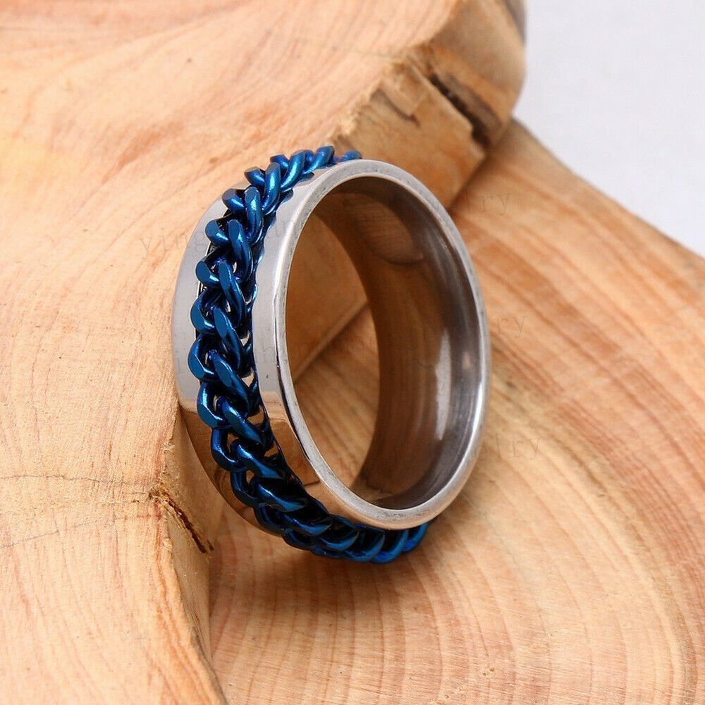 blue Spinner Chain Rings Stainless Steel Men's Band Size 9